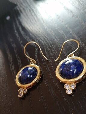 Designer's Earrings by ISRAEL YAM Lapis Lazuli Gold Plated Drop Crystal Accents